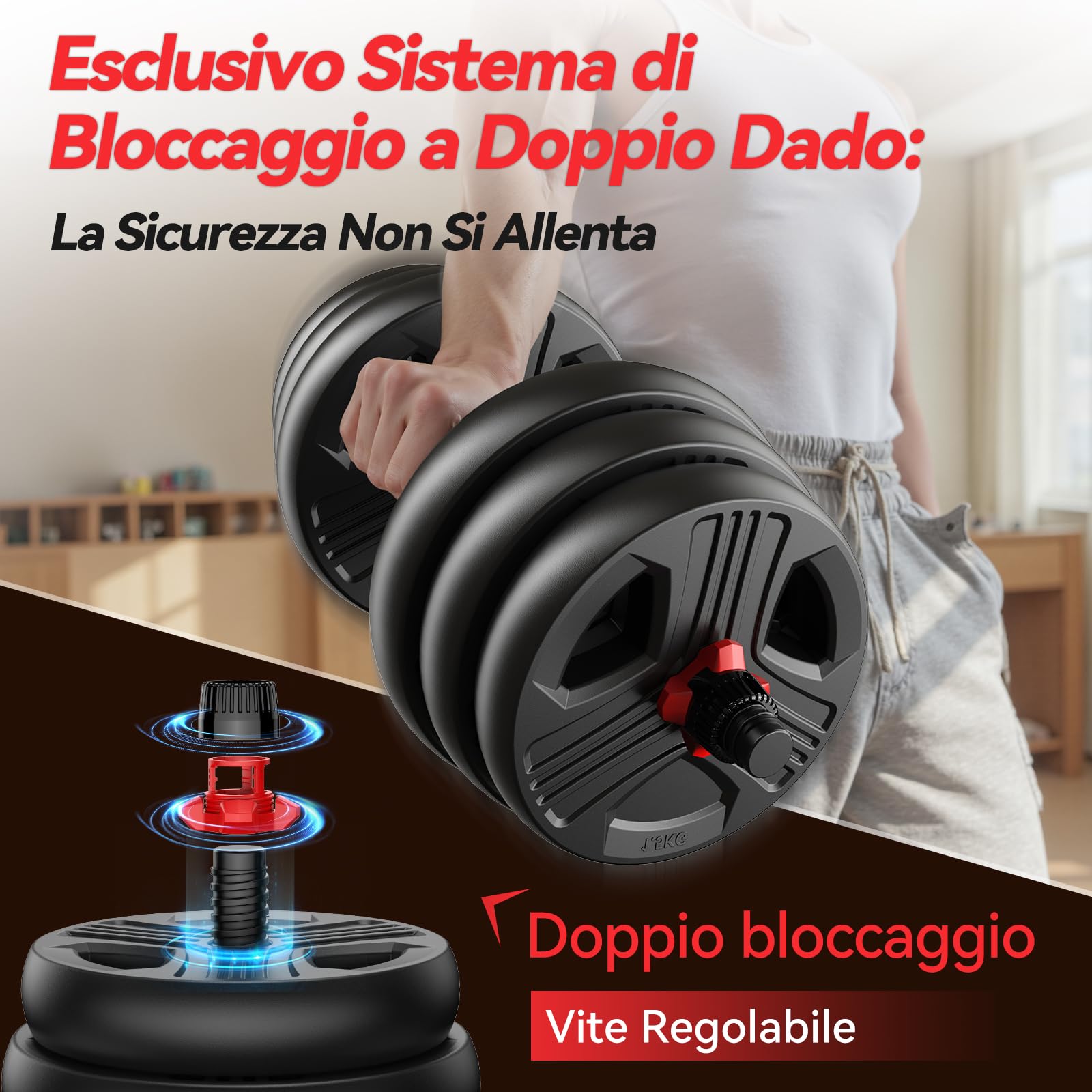 Set di 2 Manubri Regolabili, 10/15/20/25/30/40 kg, Set di Pesi con Dado Rinforzato, Set di Pesi 5 in 1 Utilizzabile Come Kettlebell, Bilanciere e Supporto per Flessioni