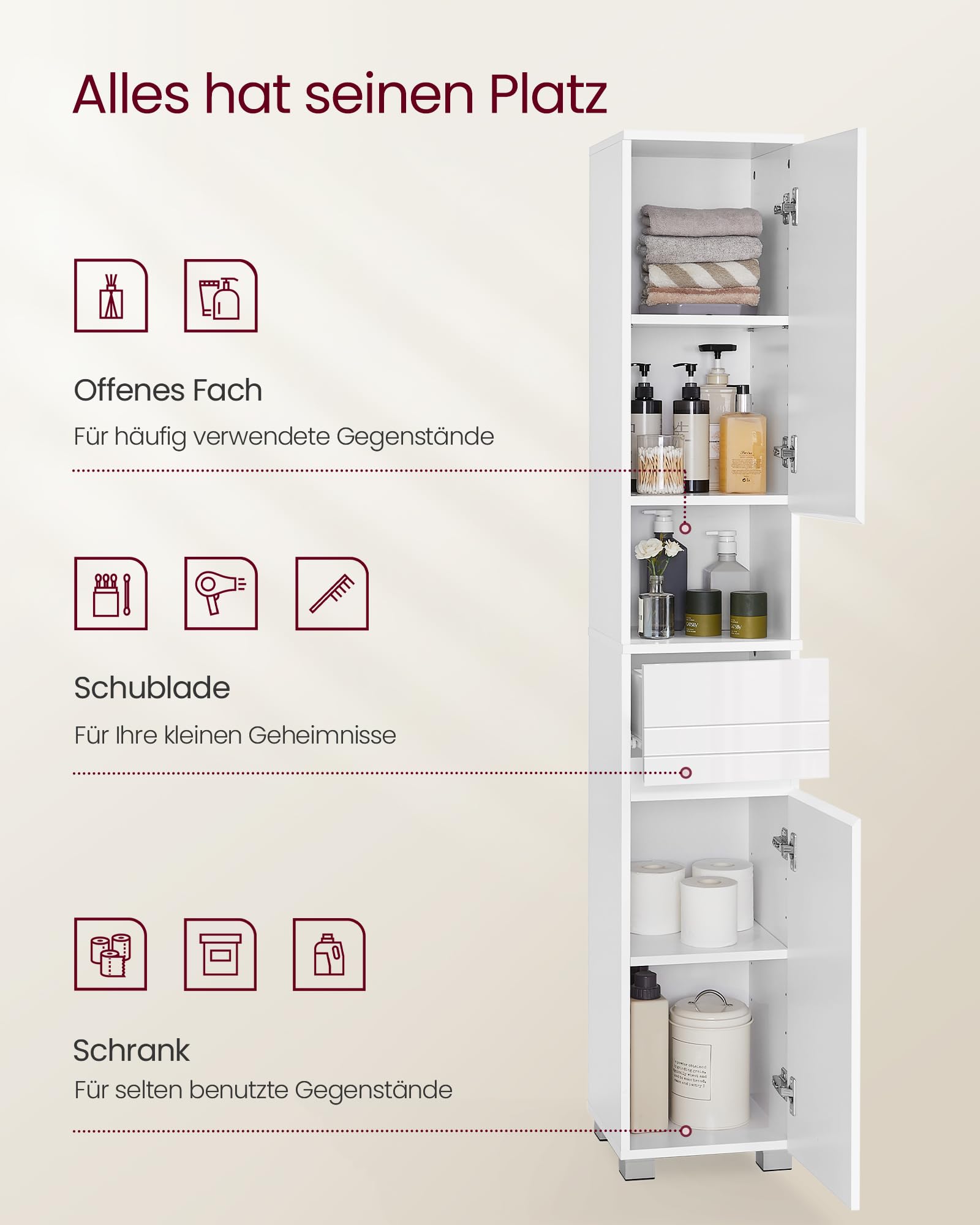 VASAGLE Badezimmerschrank, Badschrank, Badezimmermöbel mit Einer Schublade, verstellbare Ablagen, offenes Fach, 30 x 30 x 170 cm, wolkenweiß BBC560P31