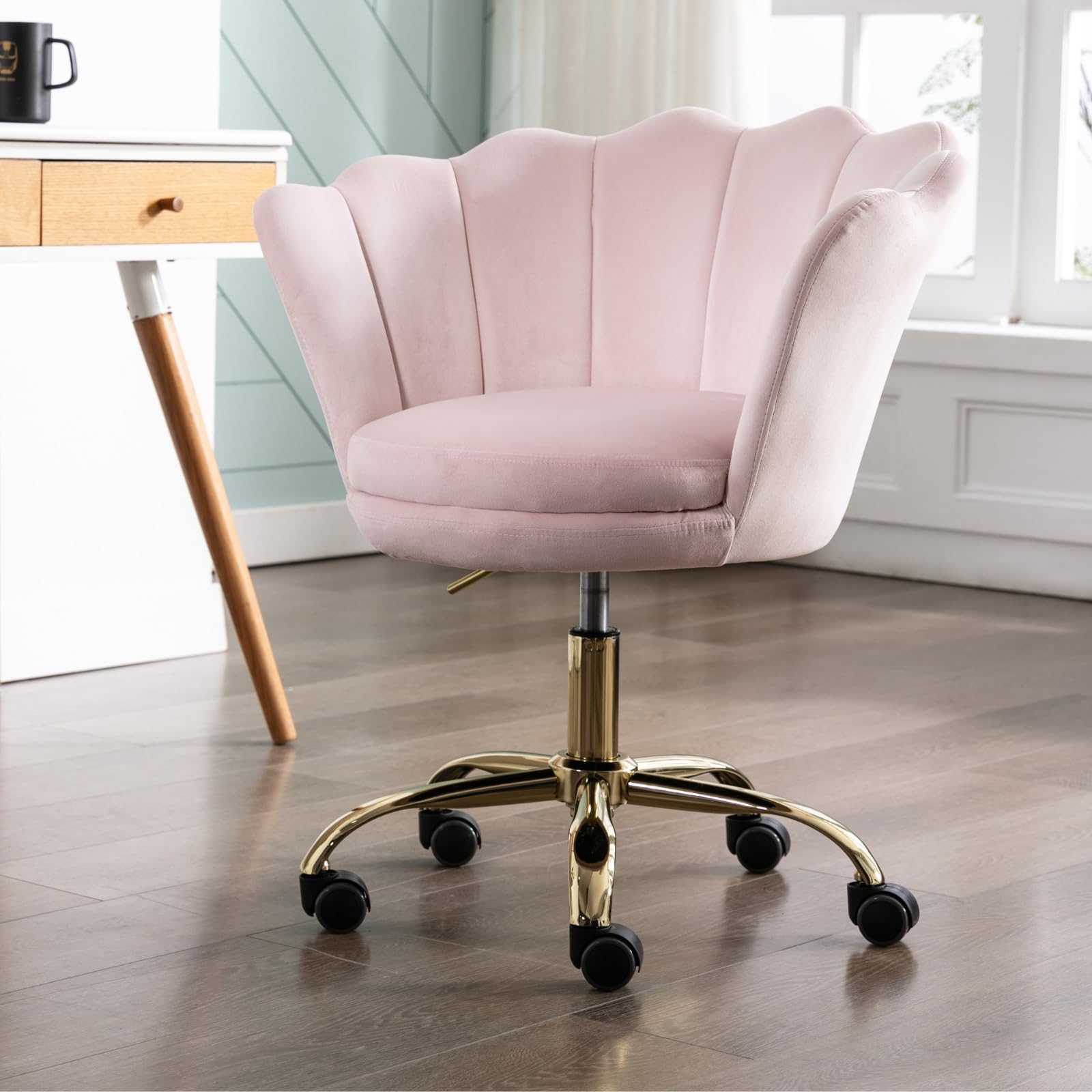chairus Silla Escritorio de Terciopelo Giratoria Silla Oficina Moderna con Patas Doradas,Silla Altura Ajustable Silla Despacho de Ordenador para Dormitorio/Tocador,Rosa Claro
