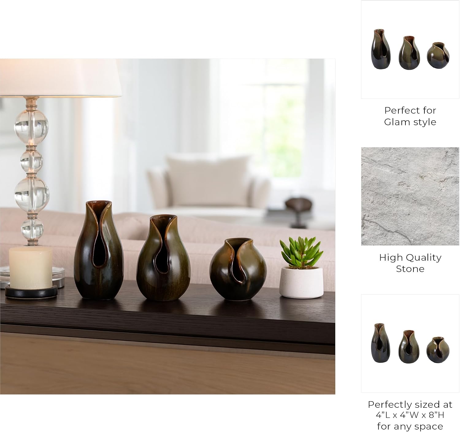 Decorative Ceramic Vase for Living Room Decor - Modern Glam Flower Vase for Bedroom, House Display, and Office Decor - Home Accent for Shelf and Console Table - Set of 3, 8", 7", 5", Green