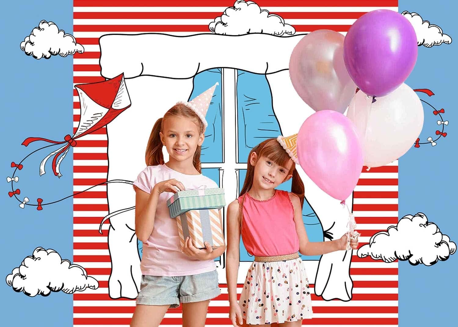 XCKALI Cartoon Window Kite Backdrop Red White Stripes Kid Birthday Photography Party Decoration 8x6FT