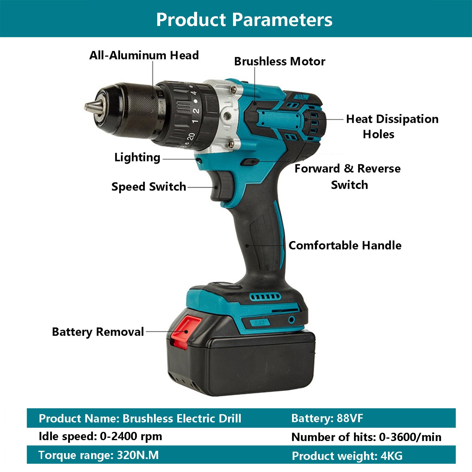 Trapano Elettrico Brushless, Trapano A Percussione 0-3600/Min, Avvitatori Elettrici, Trapano Elettrico per Foratura Viti, Kit Avvitatore Elettrico A Batteria, Batteria 88vf,15-Cell