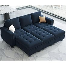 Belffin Blue Velvet Modular Convertible Sofa Set with Storage, 83.4x62.2x35.8 inches, 3 Seater, Engineered Wood, Medium Firmness