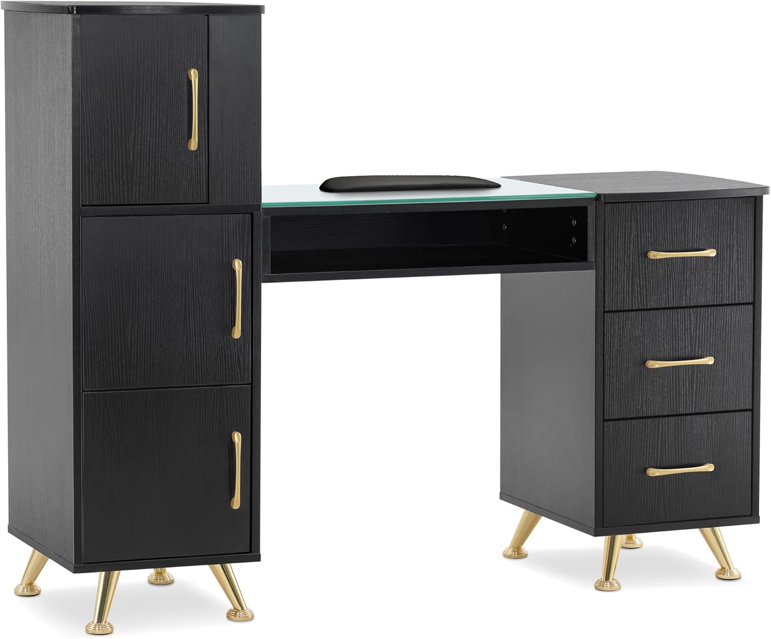 BarberPub Manicure Table, Nail Makeup Desk with Drawers, Storage Beauty Salon Workstation 2611 (Black & Gold)
