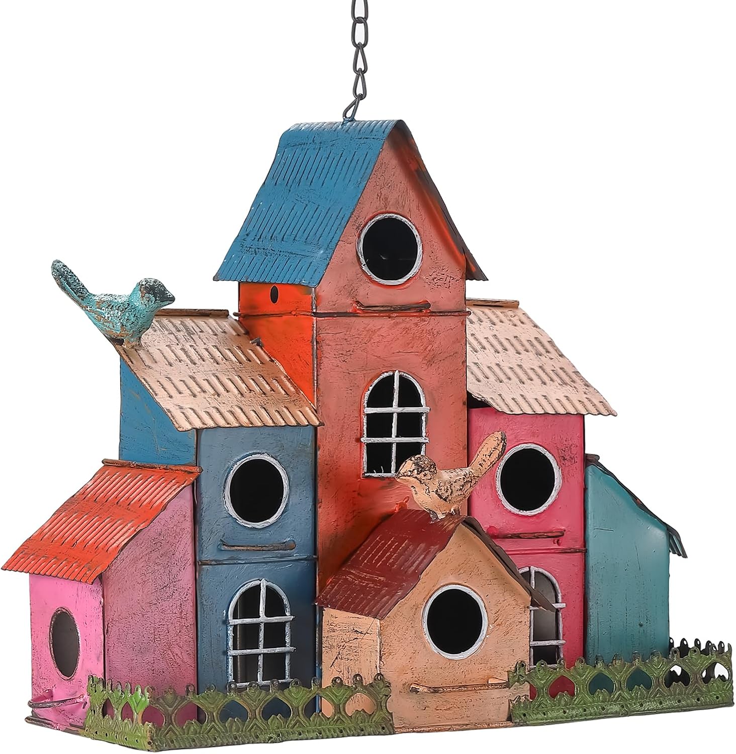 Large Bird House for Outside Hanging, Metal Bird Houses for Outside with 6 Compartments for Birds to Nest in, Durable Colorful Birdhouse with Easy Clean Back Doors, Escape Holes & Ventilation