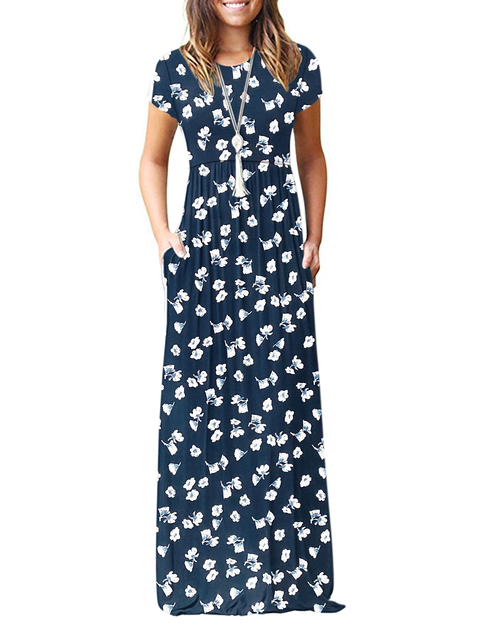AUSELILY Women's Summer Short Sleeve Loose Plain Casual Long Maxi Dresses | Year Round wear solid floral print, Casual wear, Empire waist, Floor length, Side pockets