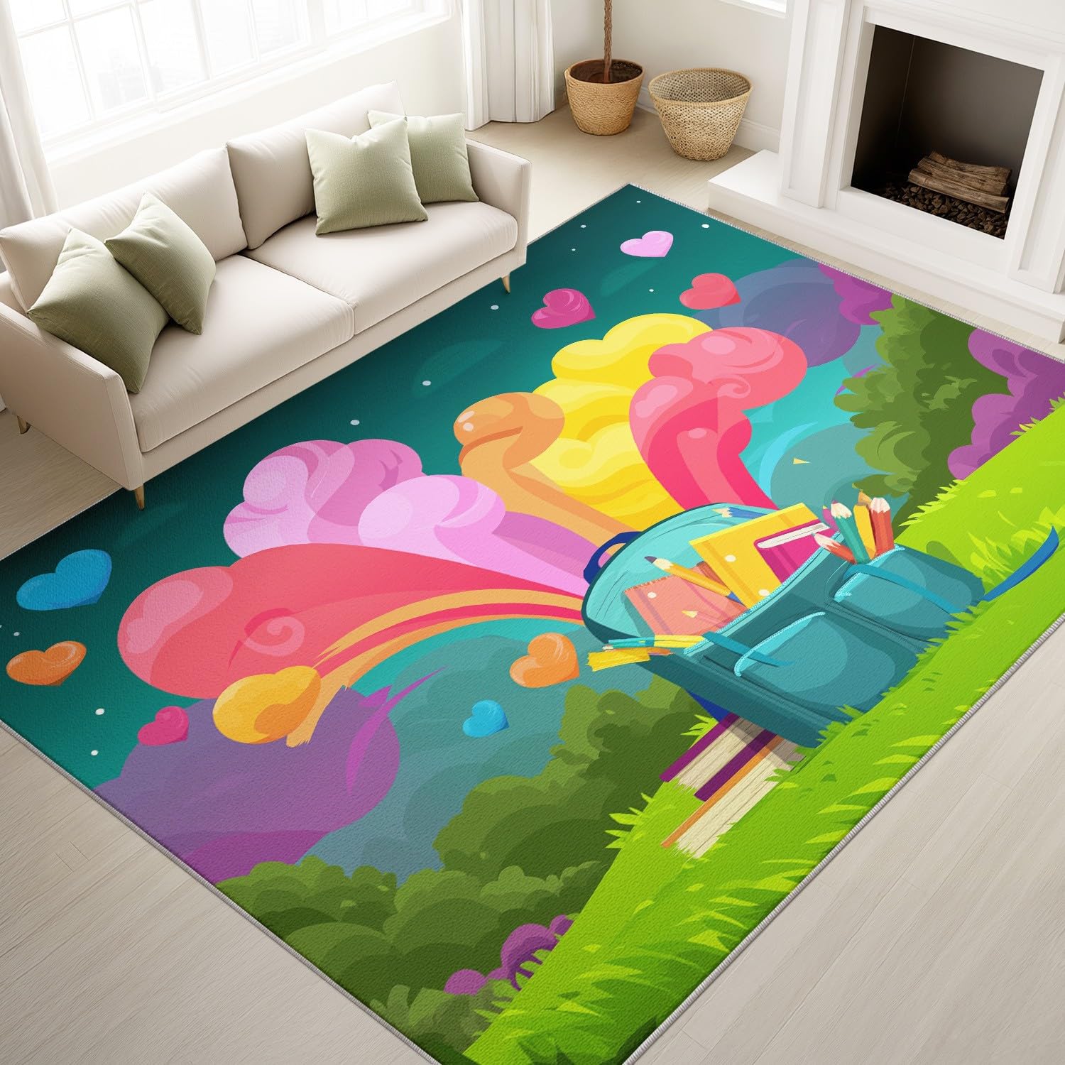 Generisch Dynamiczny, energiczny, młodzieżowy dywan anime, plecak chmury, 140 x 200 cm, antypoślizgowy, nie mechaci się, wielokolorowy dywan do pokoju dziecięcego, można prać w pralce