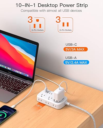 Miniatura 4 de BESHON - Cable de extensión plano de 15 pies, tira de alimentación de enchufe plano con USB C, cable de extensión de enchufe plano ultrafino, 6