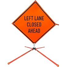 OrangeGear 36 x 36 MUTCD TTC Compliant Orange Vinyl Roll Up Traffic Control Sign with Fiberglass Ribs & Auto-Latch Bracket Steel Sign Stand Kit Left Lane Closed Ahead