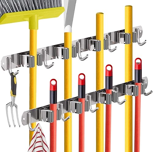 NUHATOP Paquete de 2 soportes de pared para escobas 4 clips y 5 ganchos acero inoxidable organizador de trapeador y escoba antideslizante