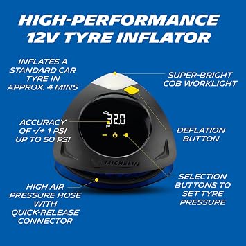 MICHELIN High Performance Programmable Rapid 12V Car Tyre Inflator Air Compressor - Portable Air Pump and Digital Tyre Pressure Gauge - Car Accessories