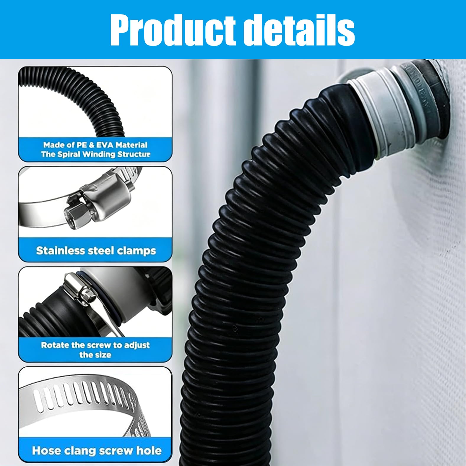 2pcs tuyaux de piscine noir de 32 mm pour pompes de piscine avec 4 clips de sécurité et 1 raccord de tuyau, tuyau de piscine de 150 cm et 32 mm, pour pompe à filtre et piscine