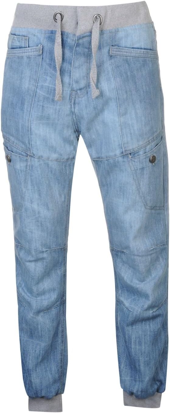 No Fear Mens Cuffed Jeans Jog Pants Trousers Bottoms Tie Fastening Elasticated Light Wash 36W L