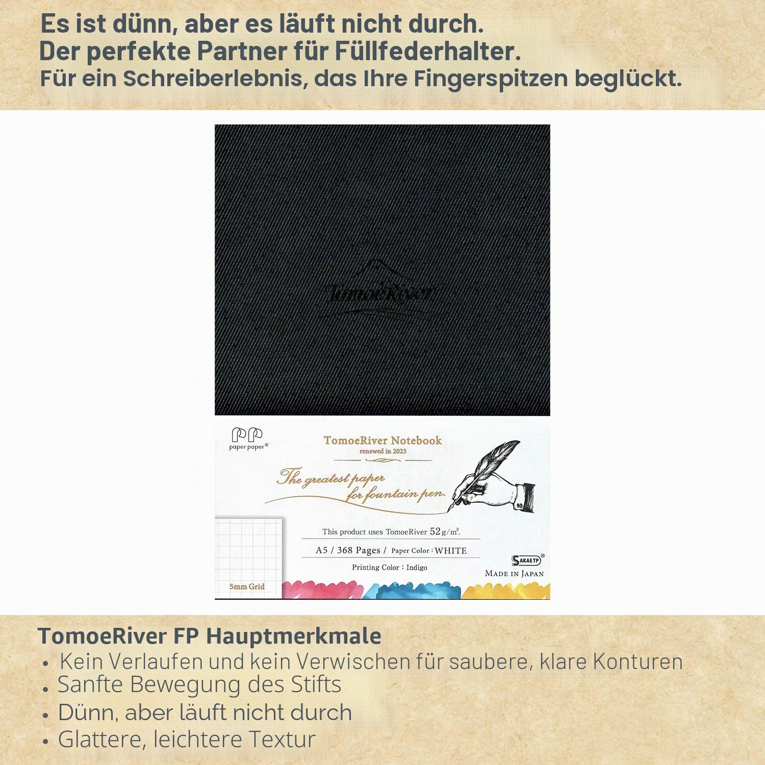 SAKAEテクニカルペーパー S AKAE TPSAKAE TECHNICAL PAPER Tomoe River FP (52 g/m²) Notizbuch von SANZEN, 14,9 x 21 cm, 368 Seiten (184 Blatt), Hardcover, 5 mm kariert, fadengebunden, weiß (SR-A5HBW)