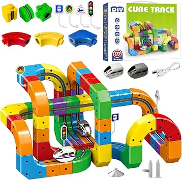 Clickrail Electric Train Set, 123PCS 3D Racing Cube Track Set with Electric Train DIY Cube Track Magic Rail Cube Train Set with Gravity-Defying Motorized Train STEM Trains Toy for Kids Adults