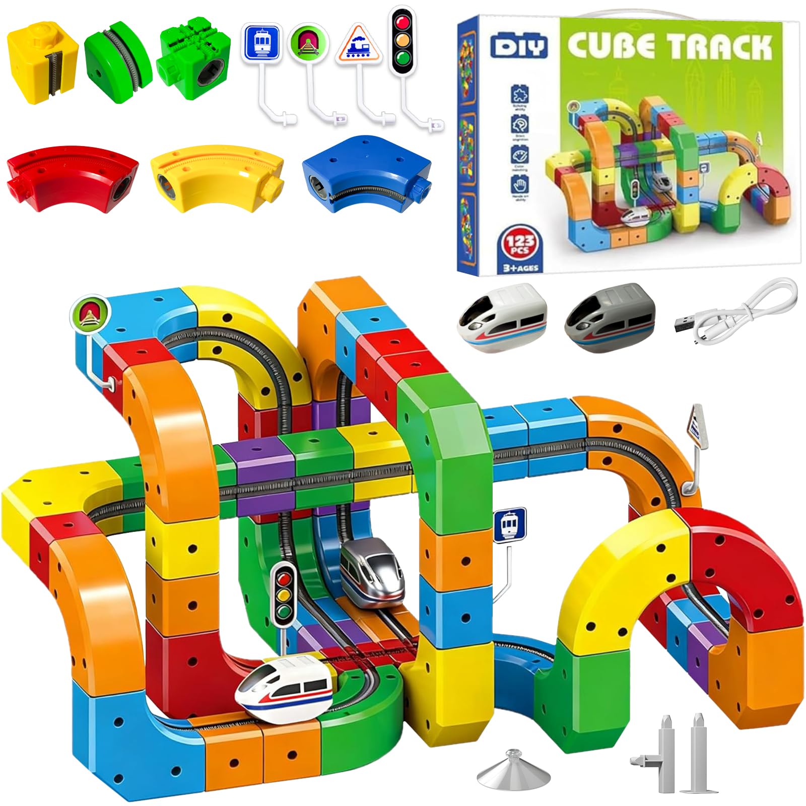 Hyhuiyin Clickrail Electric Train Set, 123PCS 3D Racing Cube Track Set with Electric Train DIY Cube Track Magic Rail Cube Train Set with Gravity-Defying Motorized Train STEM Trains Toy for Kids Adults