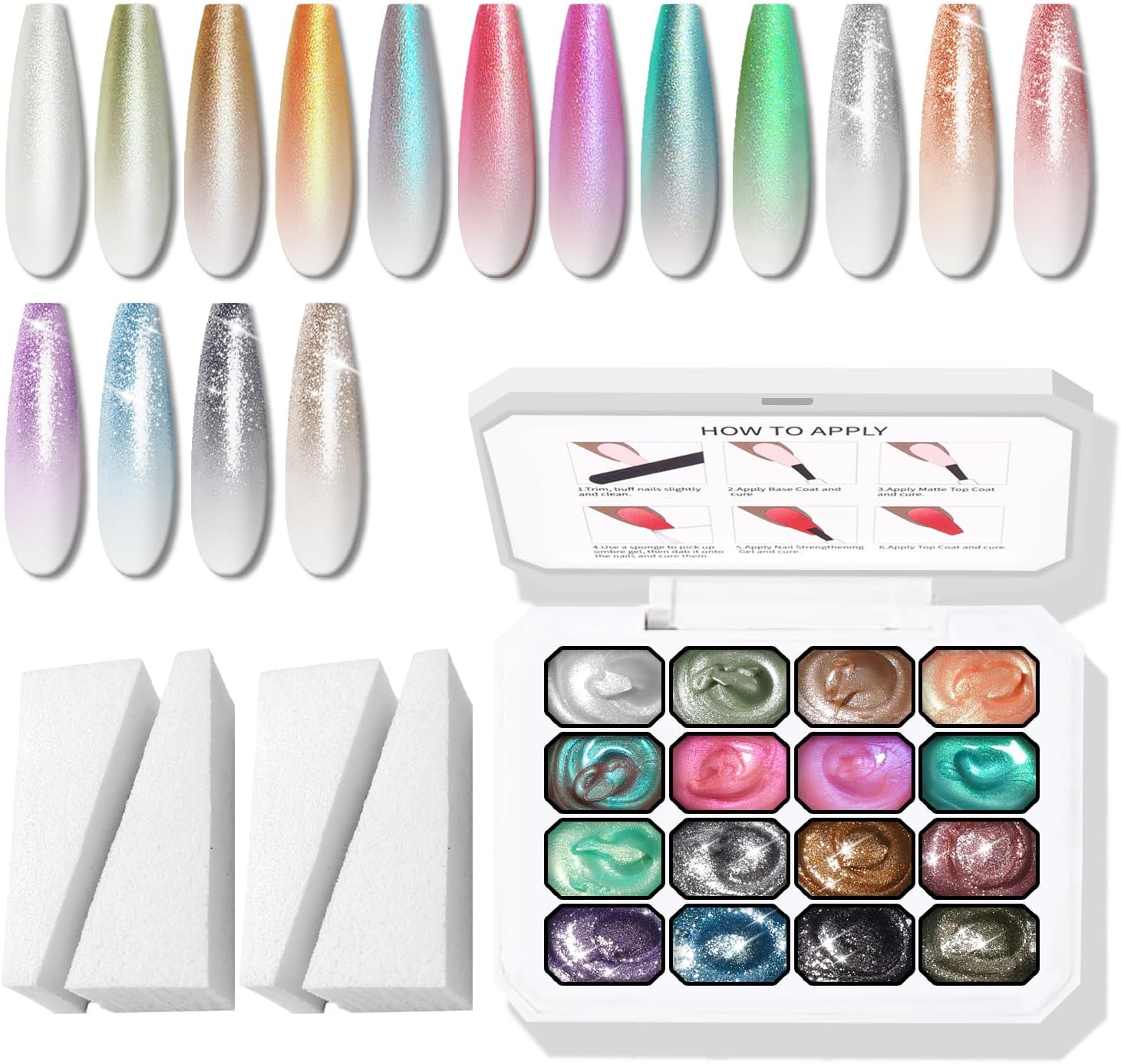 Glitter Pat Gel Ombre Nail Polish Palette, 16Colors Aurora Mermaid Nail Art