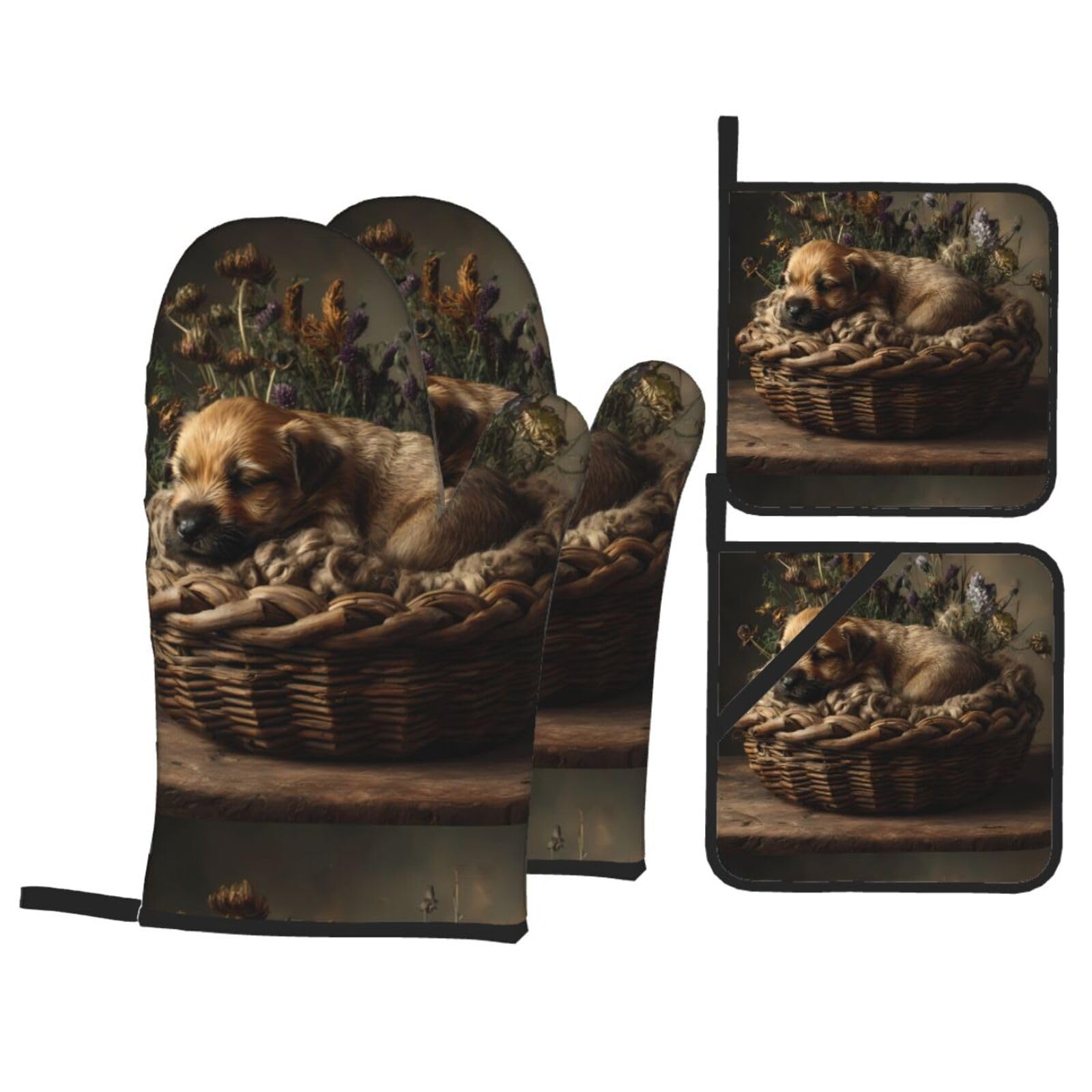 Kitchen Baking Four-Piece Set WHJSSF Puppy in a Cradle Pattern Heat-Insulating and scalding-Proof for Kitchen Baking and Outdoor Barbecue