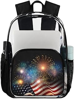 4 de julho Memorial Day mochila transparente sacos de livros resistentes, bandeira americana fireworks mochila transparente impermeável PVC transparente com alça de ombro reforçada para escola, trabalho, viagens, Multicor