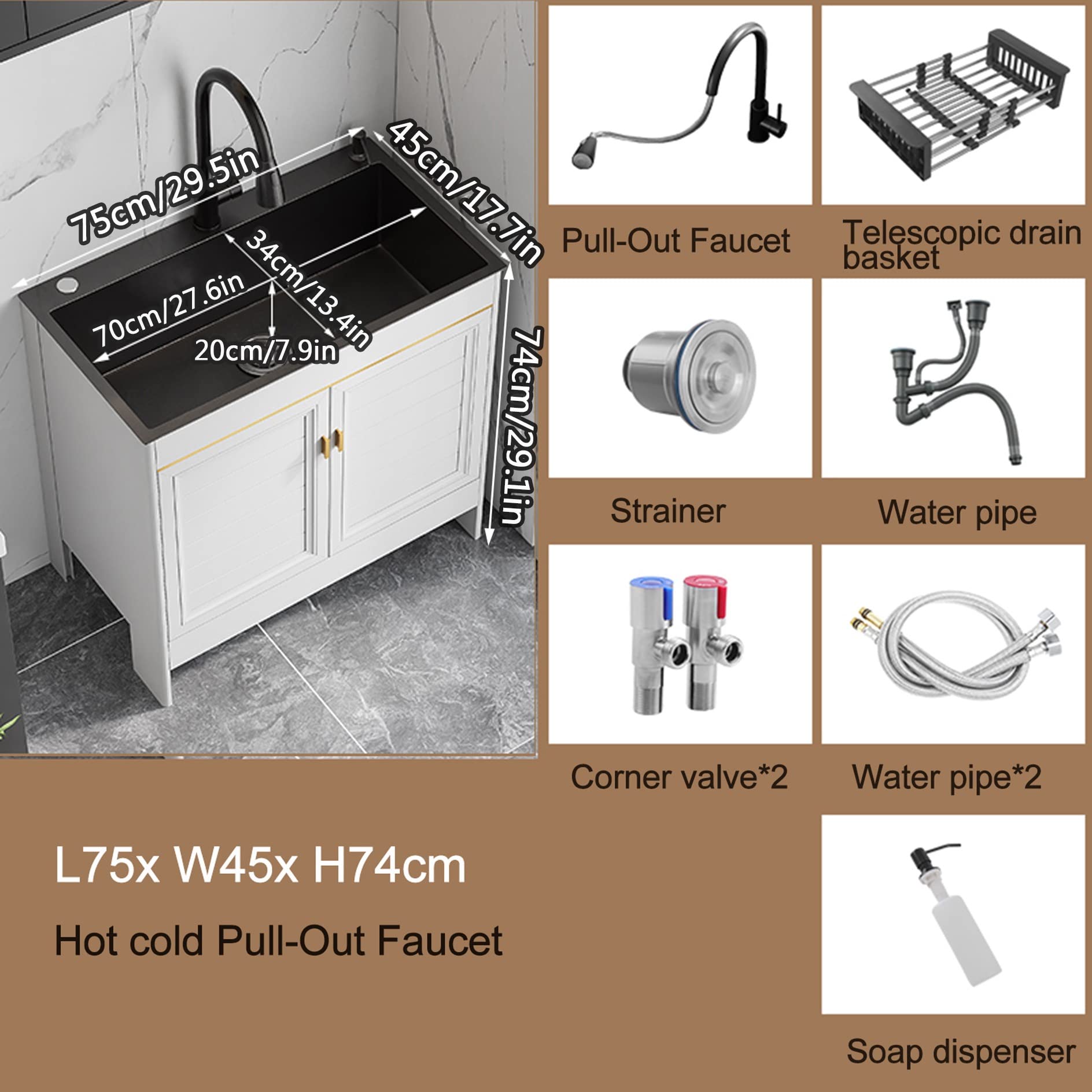 Lavatoio con Mobile,Lavello Bagno con Lavabo,Lavabo Lavanderia,Lavello da Cucina con Mobiletto Base,Armadietto Sottolavabo con lavaggio e kit sifone + piletta,Lavabo con Mobiletto ( Size : 75x45x74cm/