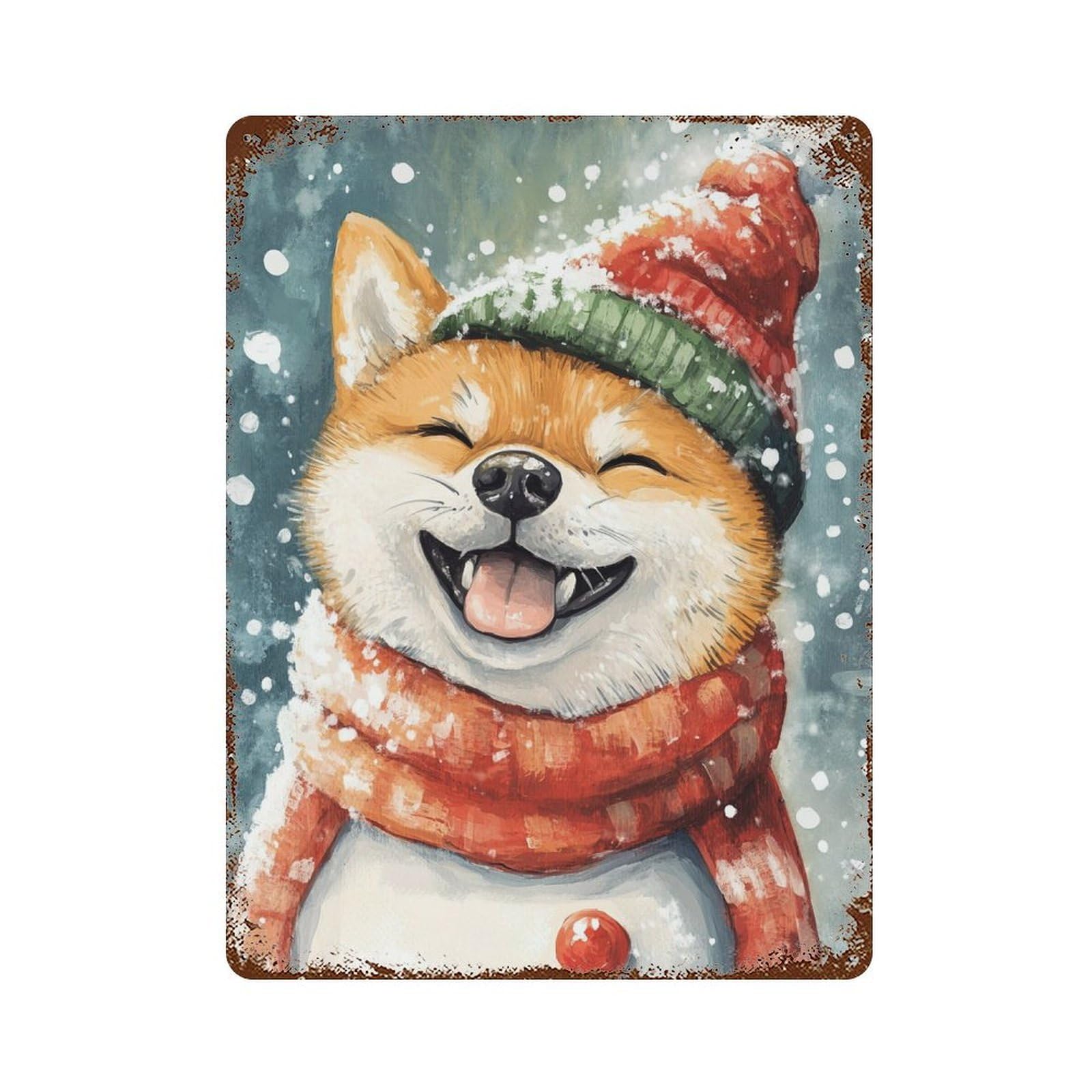 Rust Effect Christmas Shiba Inu Dog Art Print-1 Rustic Tin Plaque 15.7"x11.8", Industrial Home Decor for Bistro, Counter And Cafe Decor
