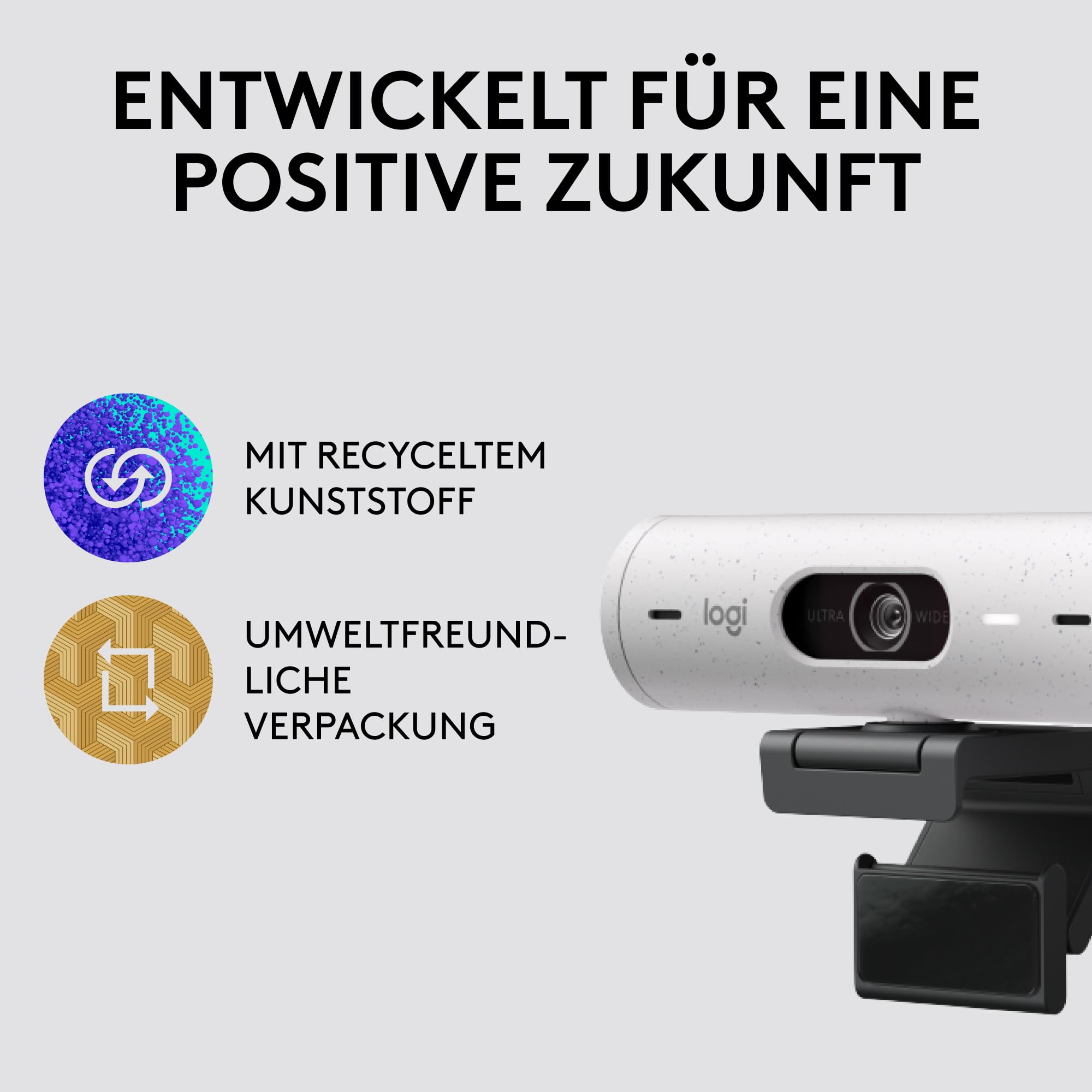 Logitech Brio 500 Full-HD-Webcam mit Auto-Lichtkorrektur, Zeigemodus, Doppelmikrofon + Rauschunterdrückung, Webcam-Abdeckung, für Microsoft Teams, Google Meet, Zoom, USB-C-Kabel - Weiß