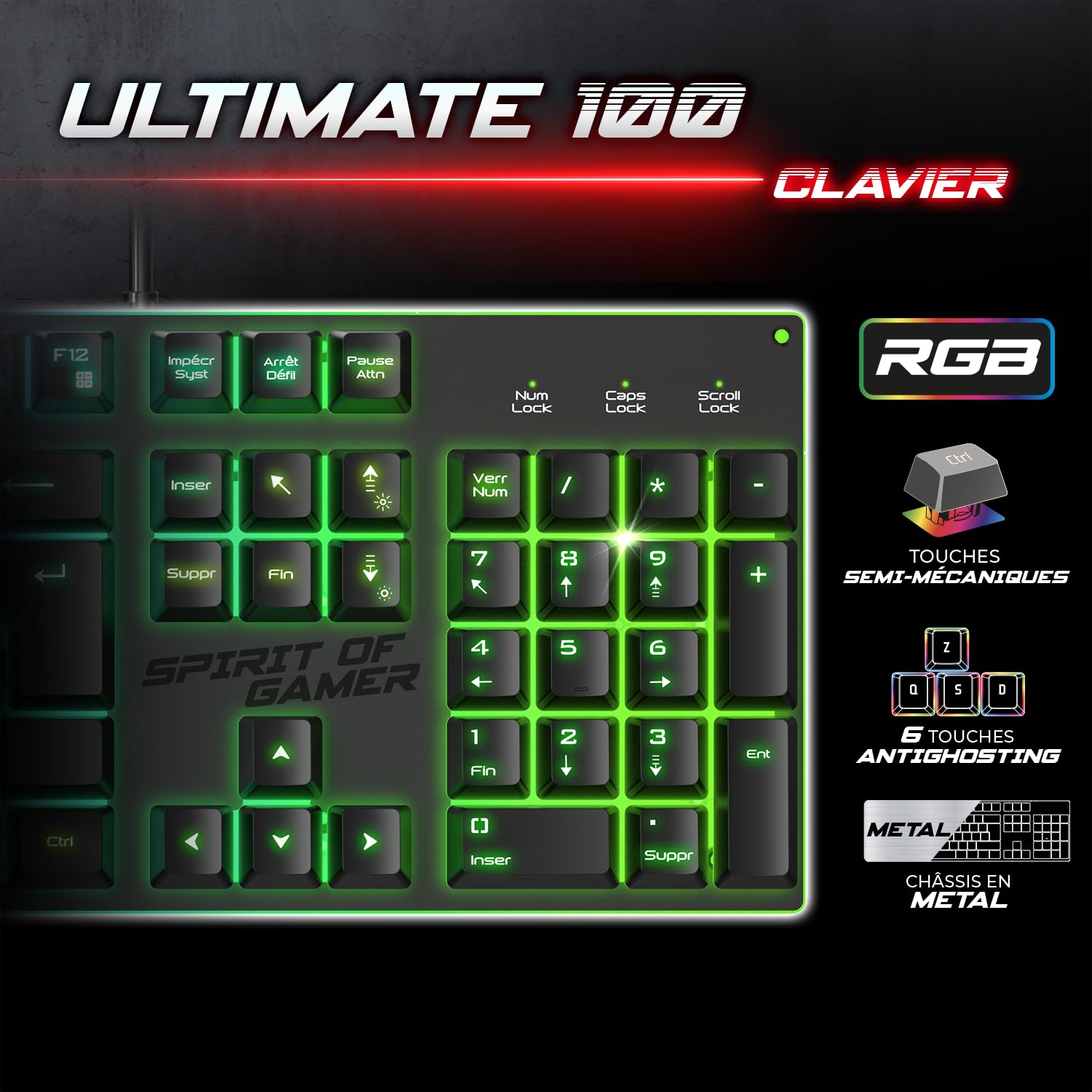 Spirit of Gamer - Ultimate 100, Pack Tastiera Mouse Gamer 4in 1 cablata RGB, Cuffie Gaming & Tappetino in tessuto, Tastiera semi-Meccanica AZERTY FR, 6 Tasti Anti-Ghosting, Mouse Gamer 7 Pulsanti 8000