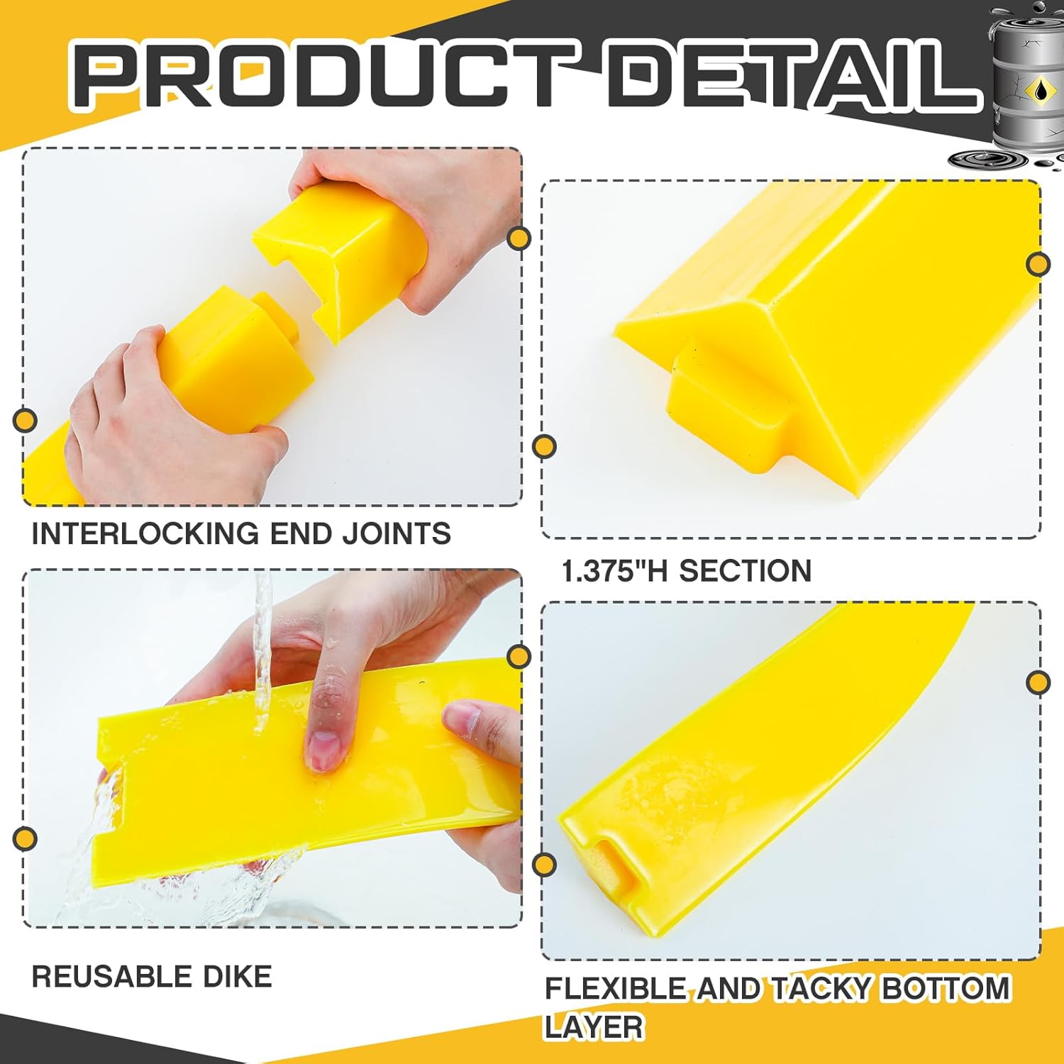 3 Pcs Spill Barrier Dike 5'L x 2.6"W x 1.5"H Water Dam Barrier Liquid Blocker for Garage Home Floor Flooding Solutions(Yellow)
