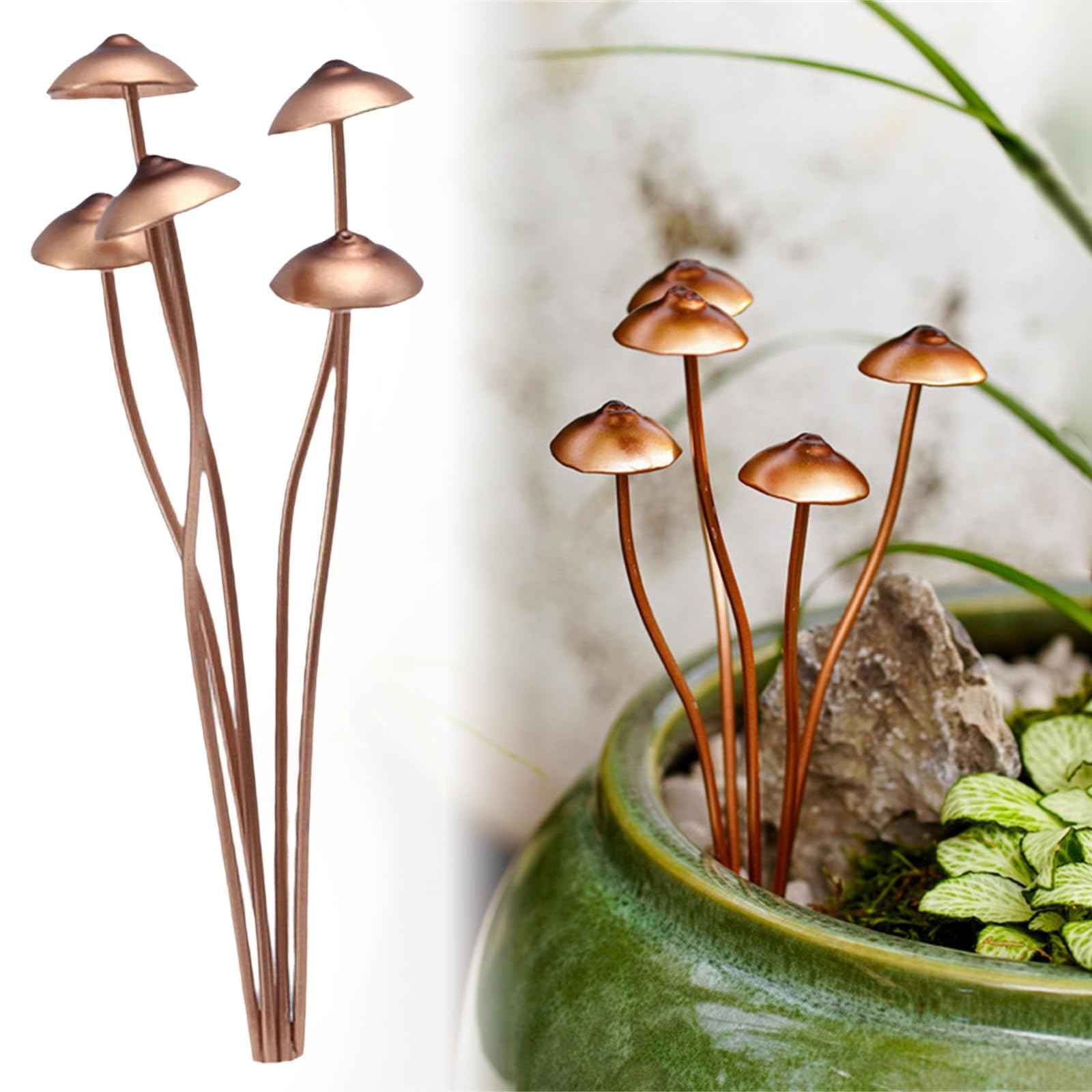 Outdoor Mushroom Garden Decor Metal Statue Stake 6.5in, Small Flower Pot Decoration, Outdoor Mushroom Ground Decoration for Garden Patio Lawn Plant Decorations Yard Art Accessories (Brass-colored)
