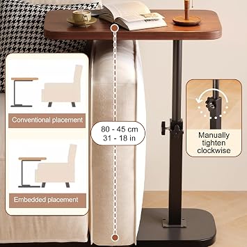 C Shaped End Table for Couch, Adjustable Height, 360 Swivel Tray Tables, for Drinks, Snacks and Small Space, C Shaped End Table Couch Arm Table for Sofa, Bed or Chair(Brown)