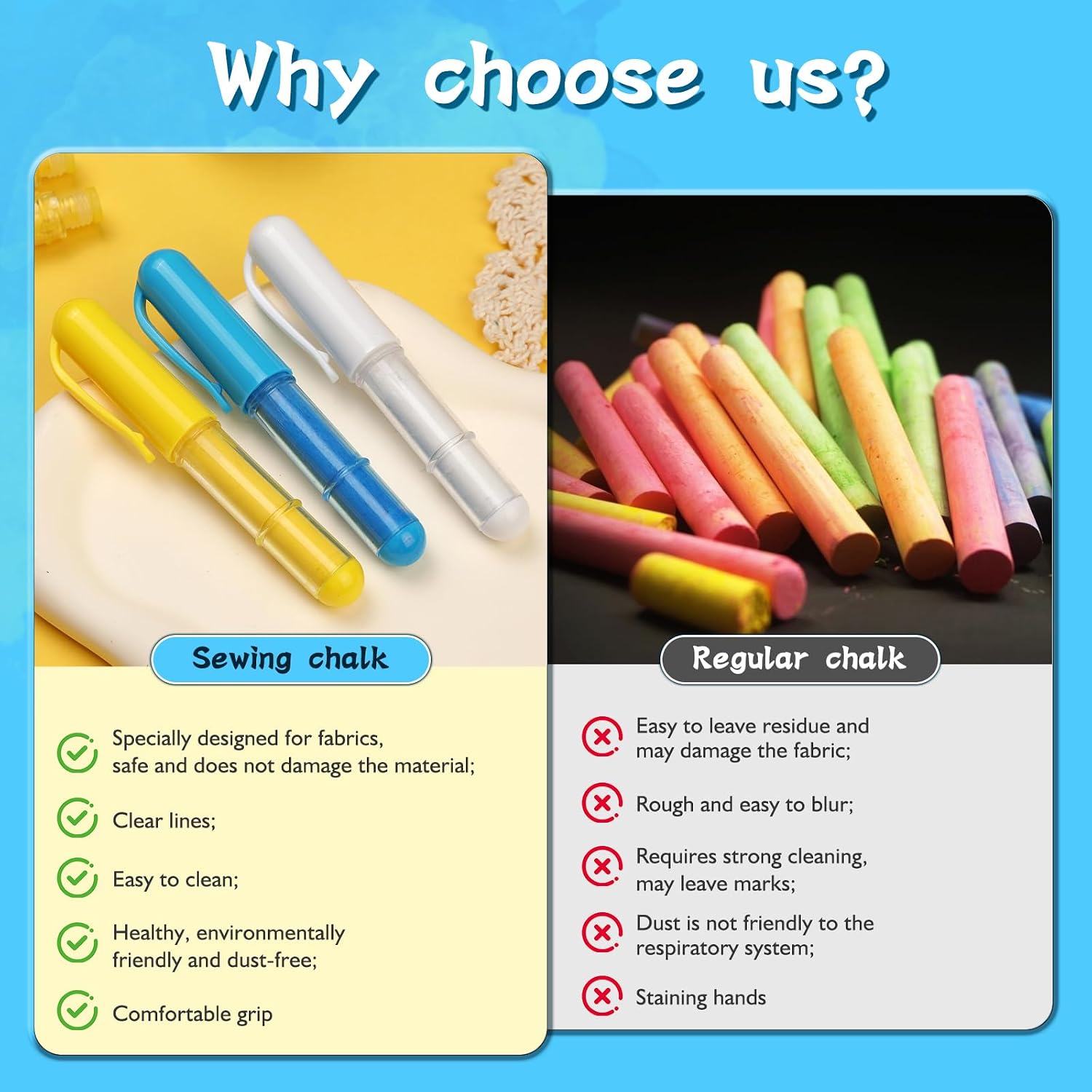 Fabric Chalk Markers, 2 Color Refillable Chalk Pencils for Quilting and Sewing, Sewing Chalks, Tailor’s Chalks for Sew Notions & Accessories(Blue,White)