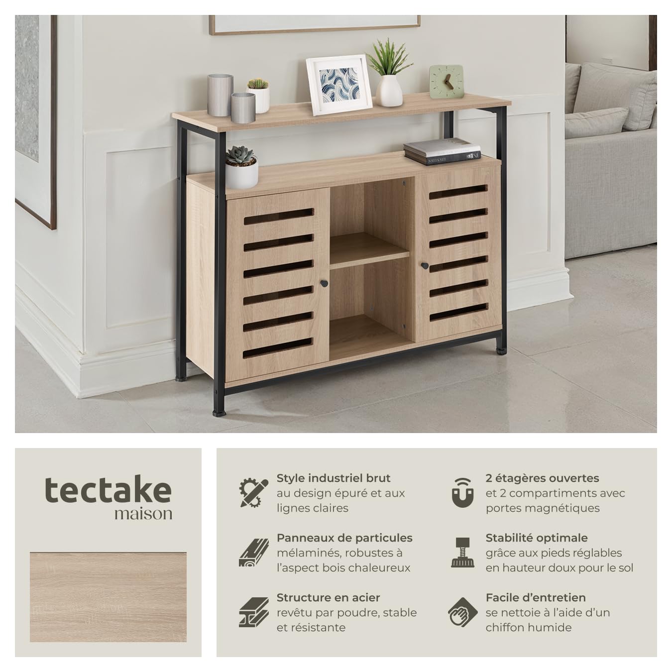 tectake® Buffet 100 x 37 x 82 cm, Meuble de rangement au Style industriel, Portes et Étagères, Buffet salle a manger, Rangement cuisine, Meuble de rangement salon, Vaisselier, Meuble salon, Bois clair