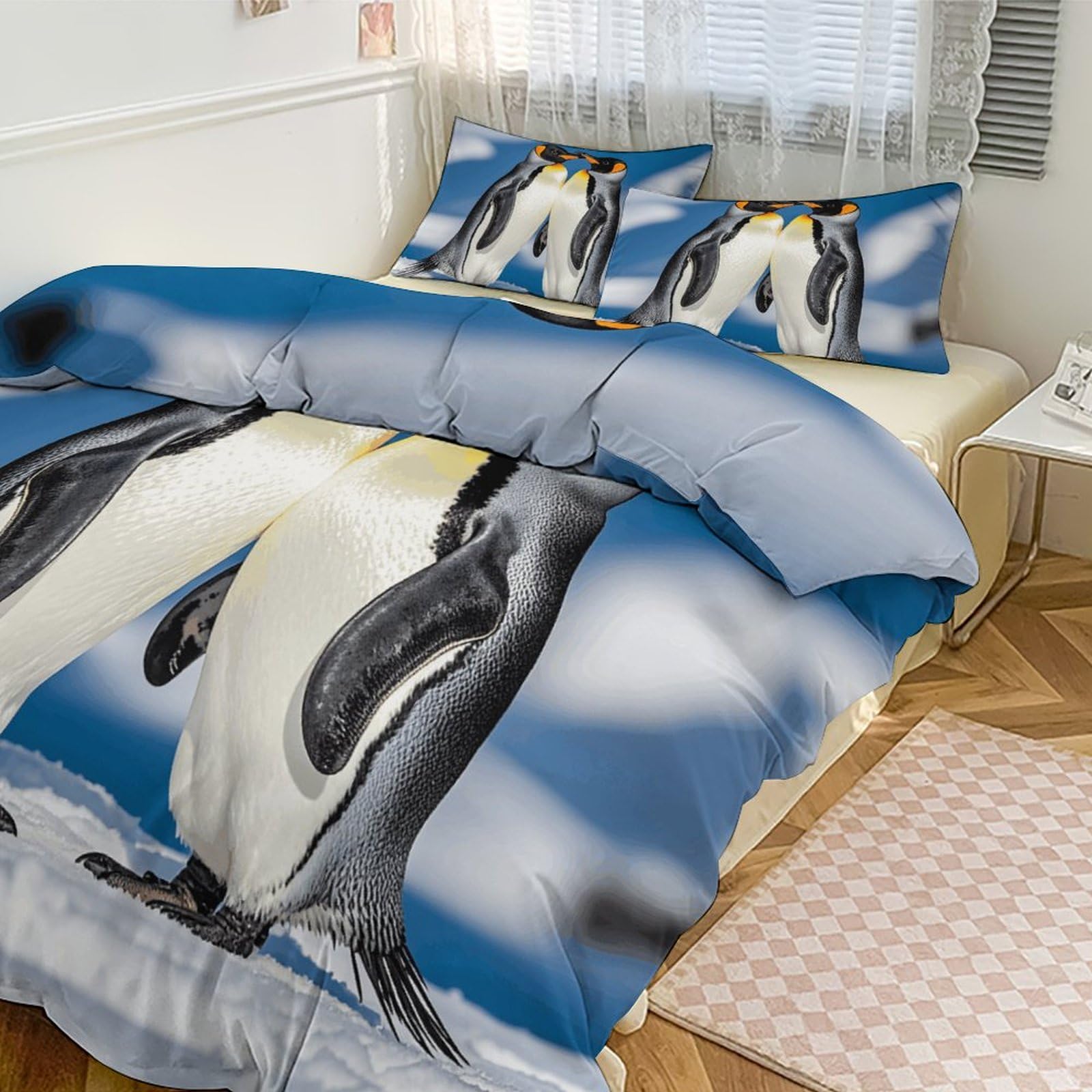 Parure de lit pingouin 228x228 cm avec couette épaisse et deux taies d'oreiller pour grand lit