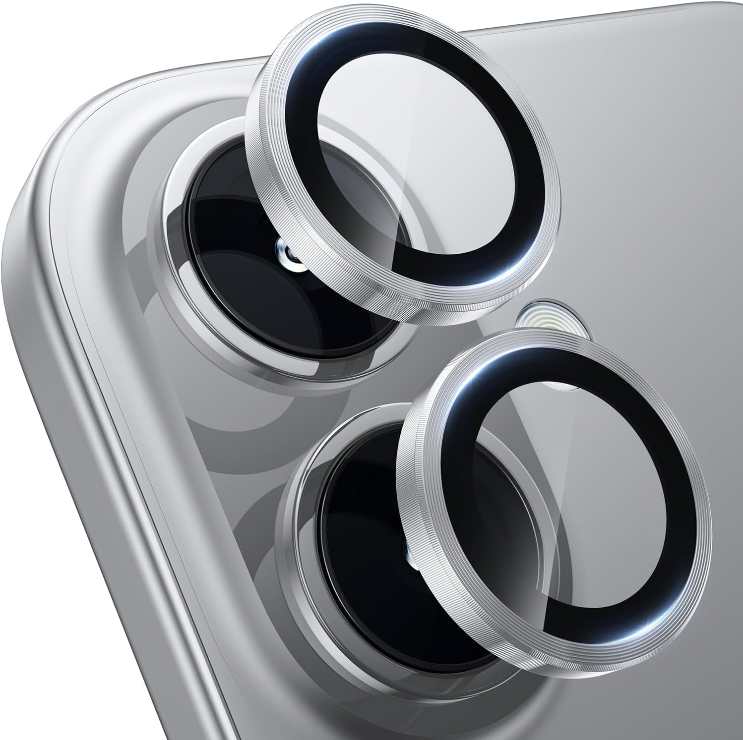 FabeKee Tempered Glass Camera Lens Protector for iPhone 16/16 Plus 9H Hardness, Full Coverage Anti Scratch Camera Metal Ring (Silver)