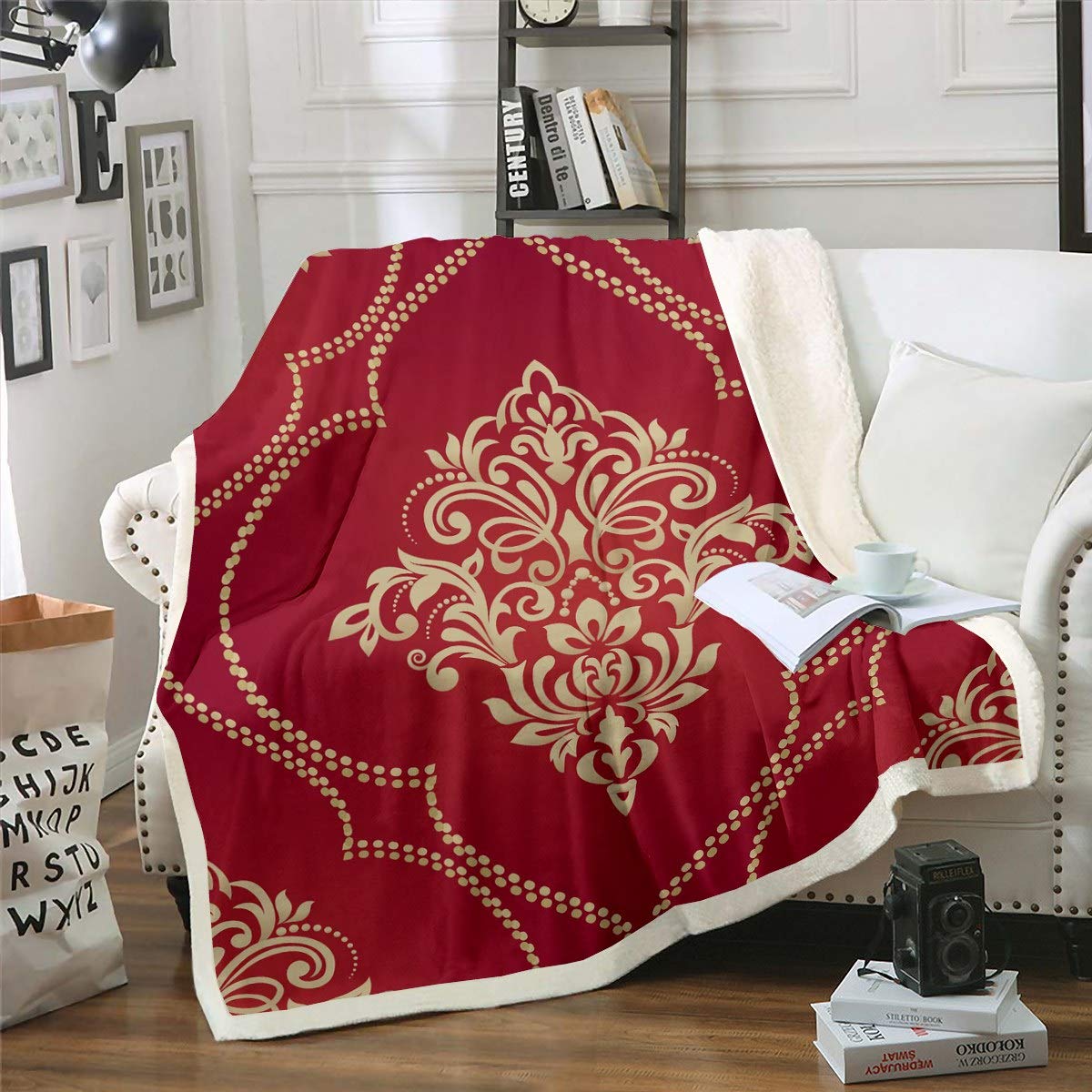 Bohemian Plush Blanket Boho Mandala Print Sherpa Blanket for Kids Women Adults Indian Tribal Floral Fleece Throw Blanket Luxury Soft Fuzzy Blanket for Sofa Bed Couch Single 50x60 Inch,Red