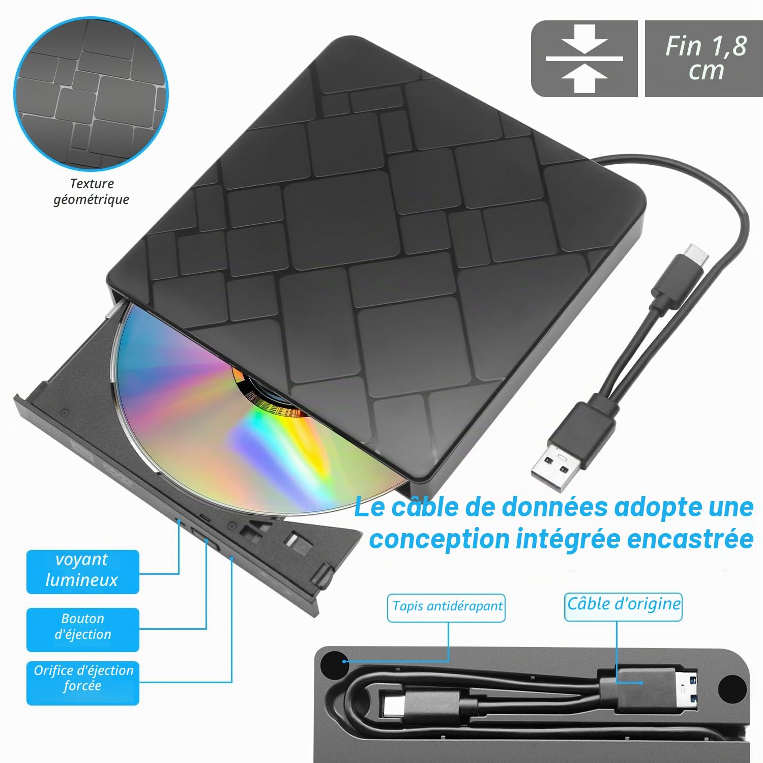 Lecteur Blu Ray Externe - Portable Lecteur Blu-Ray Externe USB 3.0 et Type-C Lecteur Blu Ray 3D Graveur BD Lecteur CD DVD Drive Player, Slim Optical Bluray Drive Reader pour Windows XP/7/8/10/11