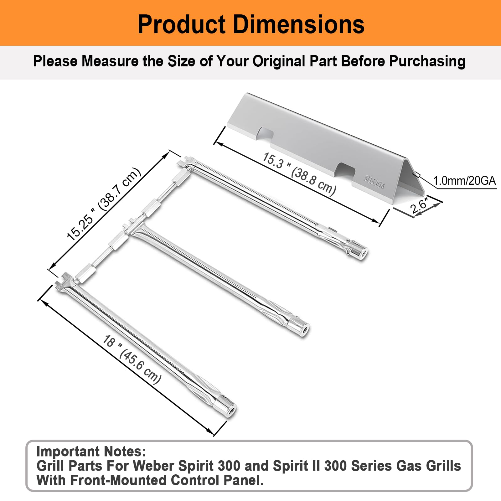 Quemador de parrilla de 18 pulgadas para parrillas Weber Spirit 300 y GS4 Spirit II serie 300; Spirit E310 E320 S310 S320 E330 S330; piezas de repuesto para parrilla Weber; quemador de