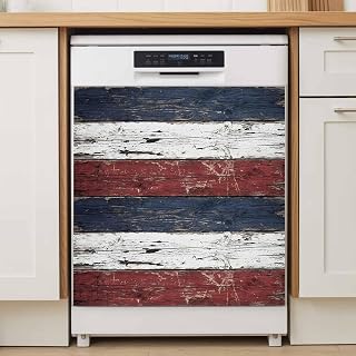 Vintage Wood Grain Dishwasher Magnetic Cover, Retro Country Red Blue White Wood Grain Magnet Dishwasher Door Cover Refrigerator Decal Panel Kitchen Appliances Decor Stickers, Easy Clean, 23" Wx26 H
