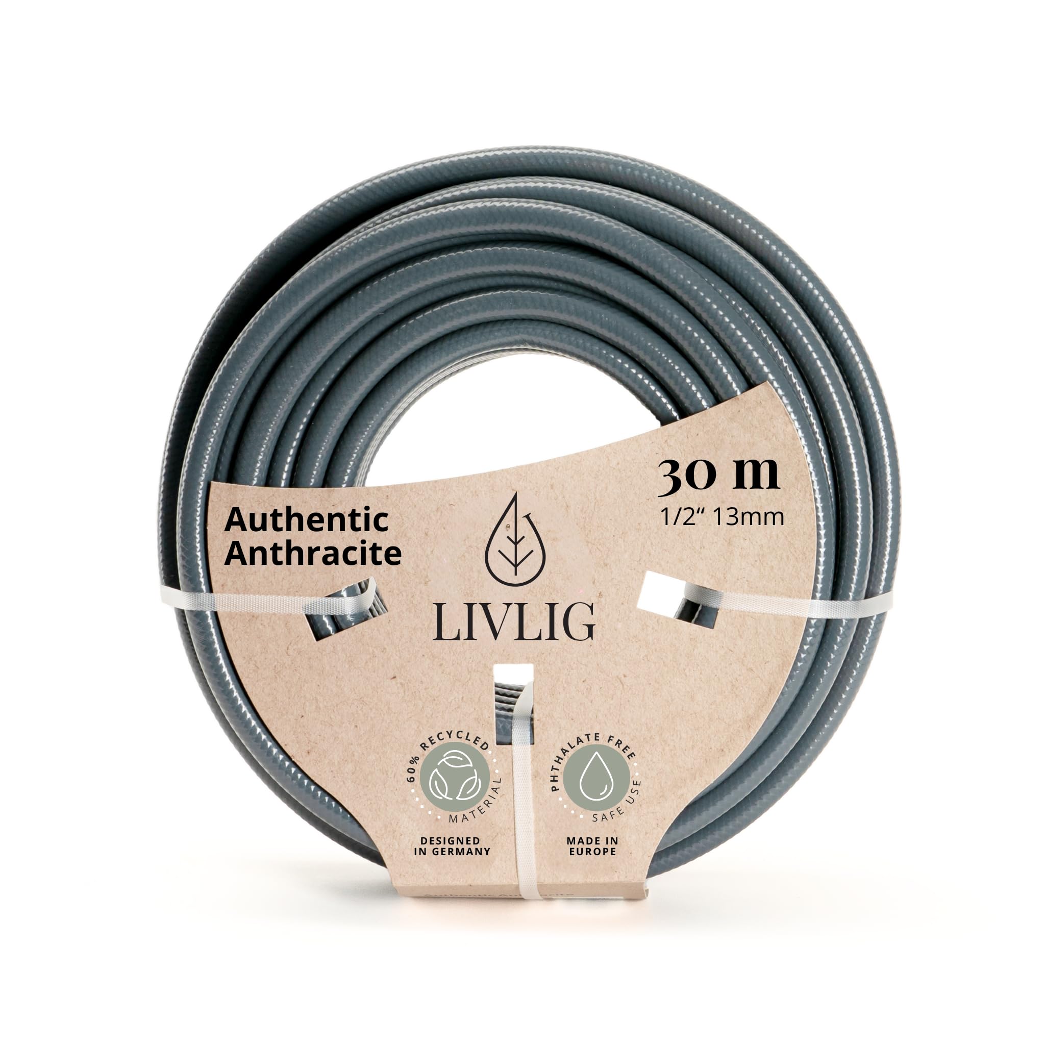 LIVLIG Garden Hose 30m, hosepipes for Garden 1/2 inch Made in Germany, 30m Hose Pipe Made of Recycled PVC, dimensionally Stable, Colour: Anthracite
