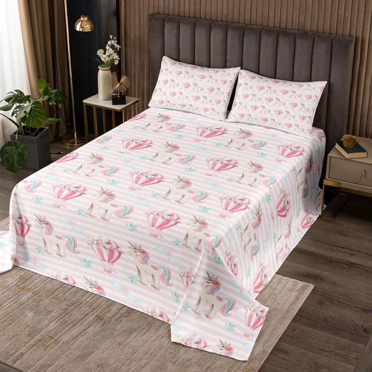 Castle Fairy Pink Rainbow Bedspread Twin Size,Lovely Heart Love Print Bedding Sets 2Pcs for Kids Girls Boys Room Decor,Kawaii Girly Rainbow Comforter Set Sweet Dreamy Quilt Coverlet,1 Pillowcase