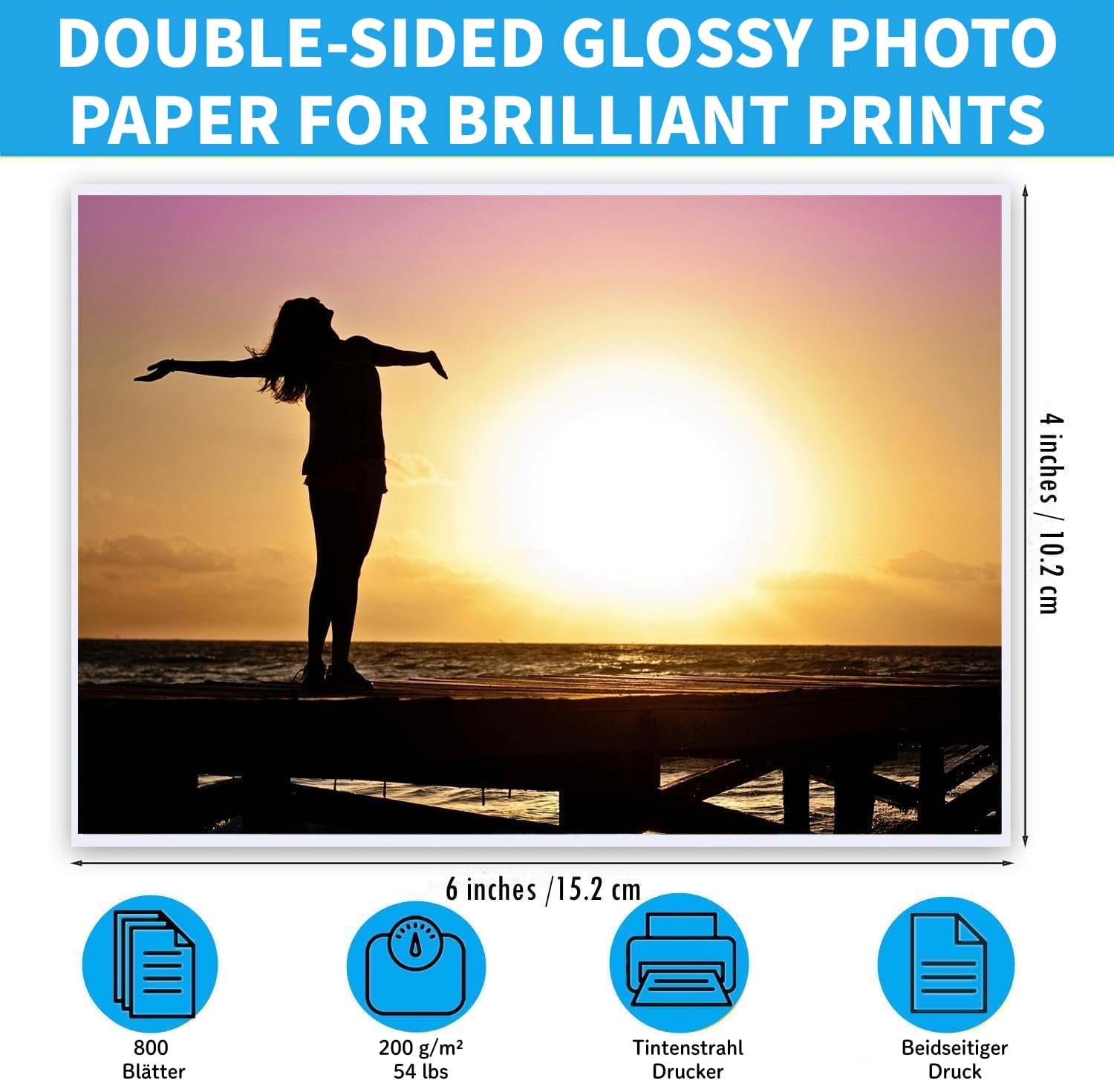 800 fogli di carta fotografica lucida su entrambi i lati, 15,2 x 10,2 cm, 200 g/m², carta fotografica a getto d'inchiostro, formato A6, lucida, per stampare, biglietti, fai da te, colore: bianco
