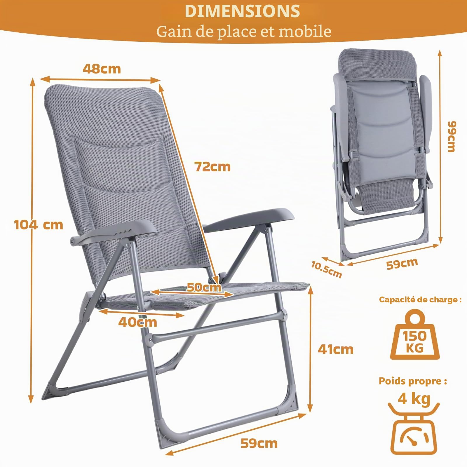 LIFERUN Lot de 2 Chaise de Jardin Pliable, Fauteuil Haut en Aluminium rembourré, Chaise Pliante réglable avec Appui-tête, Chaise de Balcon jusqu'à 150 KG, Fauteuil Pliant pour Jardin terrasse Camping