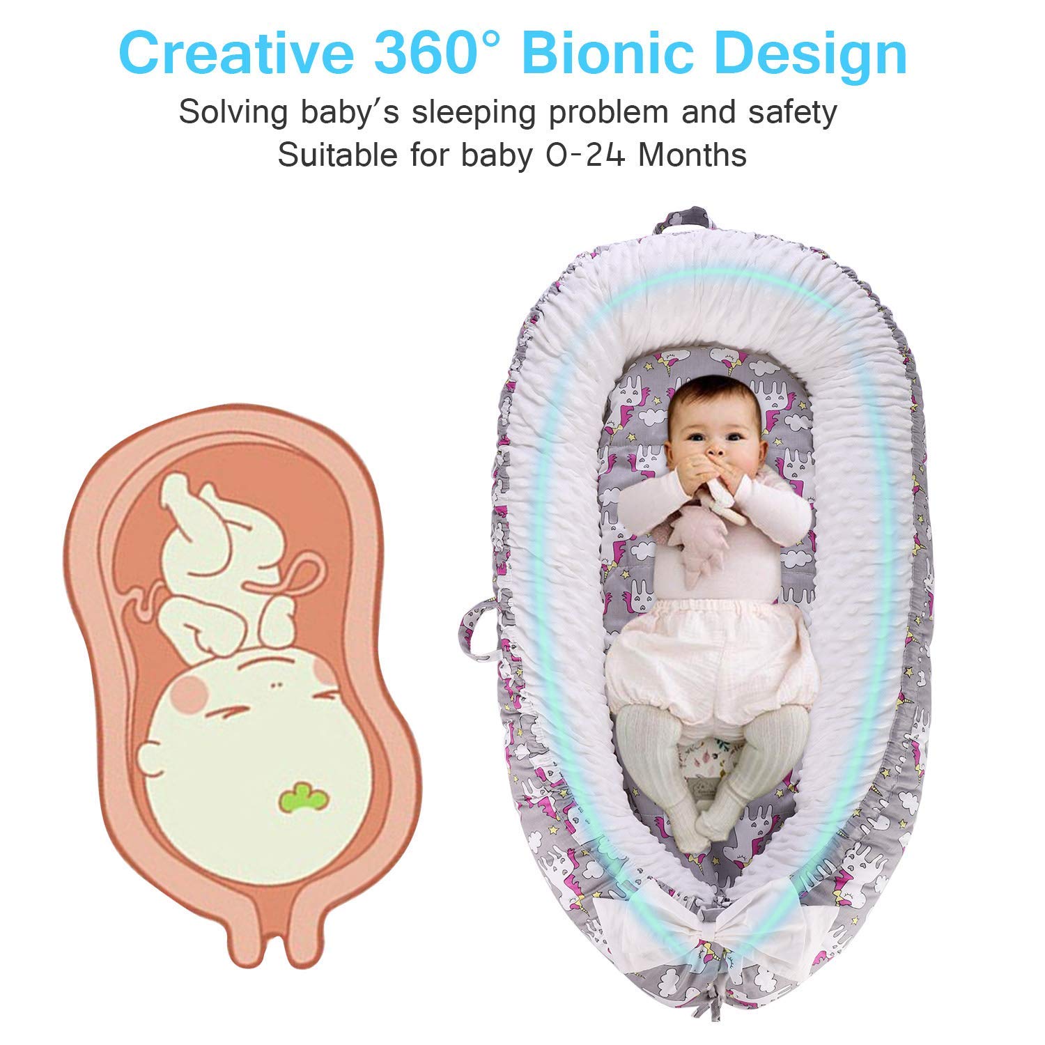JIAN YA NA Babynest mit Eisseide-Matratze, tragbare Babyliege, abnehmbar, maschinenwaschbar, Verwendung im Kinderbett (Einhorn)