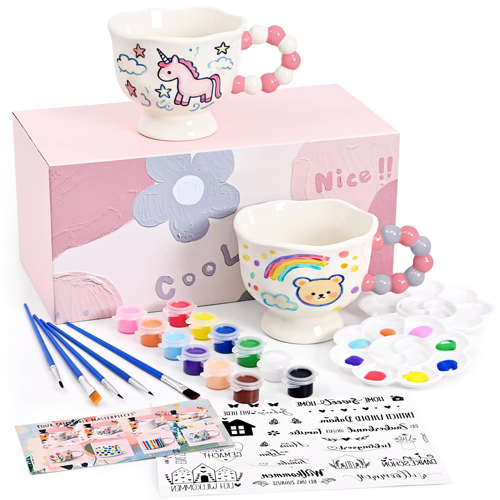Joymaking Double Pottery Painting Kit for Adults Paint Your Own Mug Ceramic Painting Kit Includes Mugs, Brushes, Paints and Tattoo for Mug Paint Set Personalised Gift for All, 2 Pack
