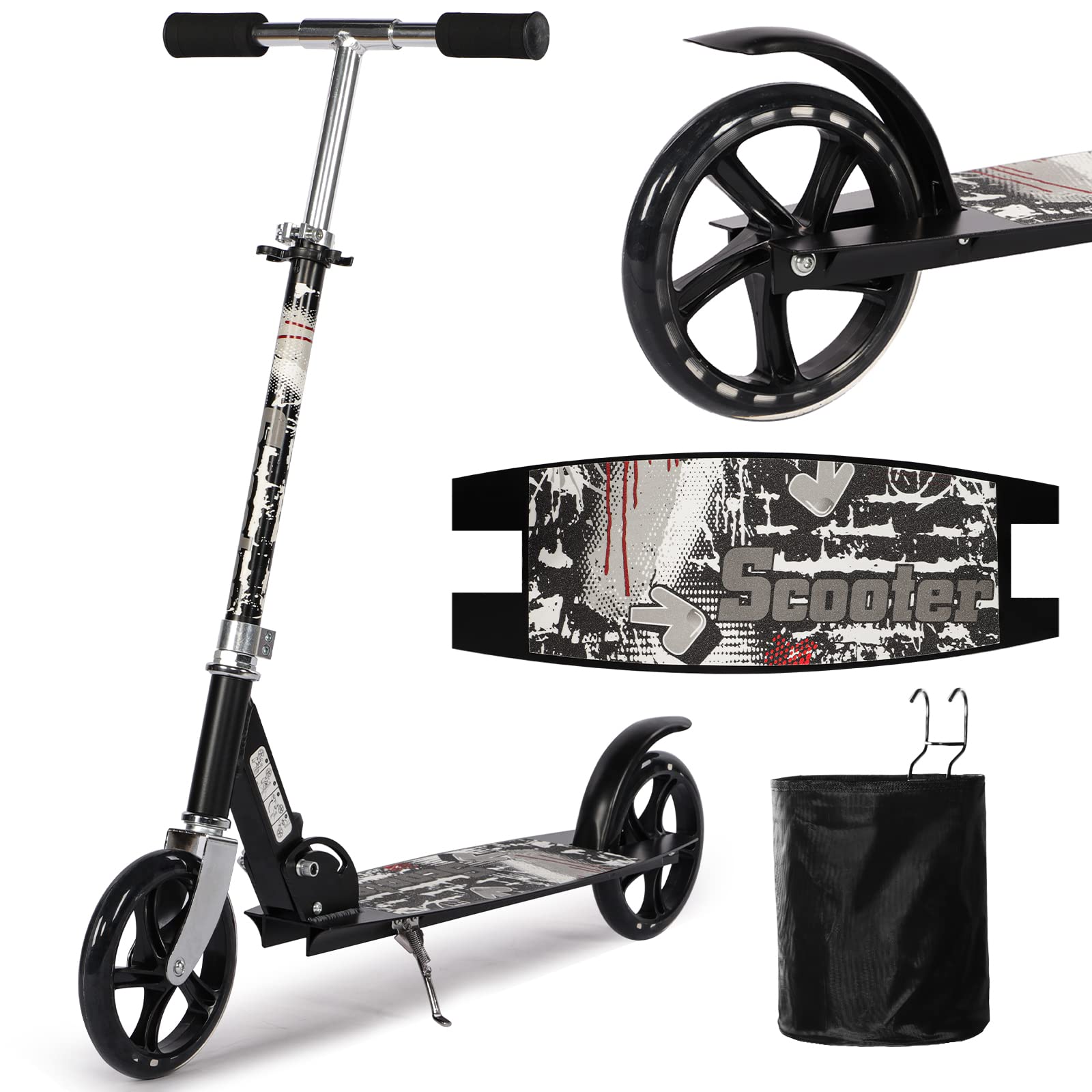 Adult Scooters with Basket and 200mm Big Wheels, Foldable Kick Scooter with Extra Wide Deck for Kids Adults and Teens Age 12+, Height Adjustable City Scooter, Capacity Up to 220lbs