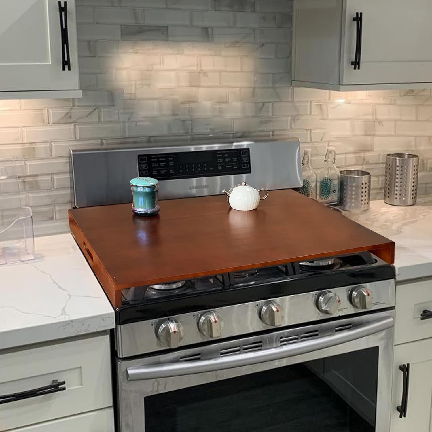 Rubberwood Multi-Use Anti-Warp Stove Cover & Countertop Protector with Handles, Splinter-Free Heat-Resistant Surface for Meal Prep & Decor, Walnut (Fits Electric/Gas Stoves, 29.92” x 21.65”)