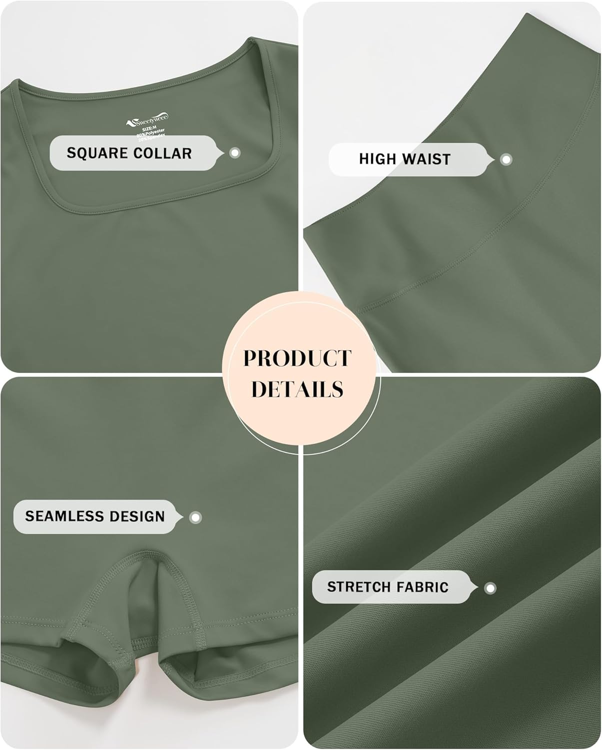 Women Workout Yoga Set 2 Piece Square Neck Long Sleeve Top High Waist Biker Short Sport Gym Exercise Running Wear - Image 5