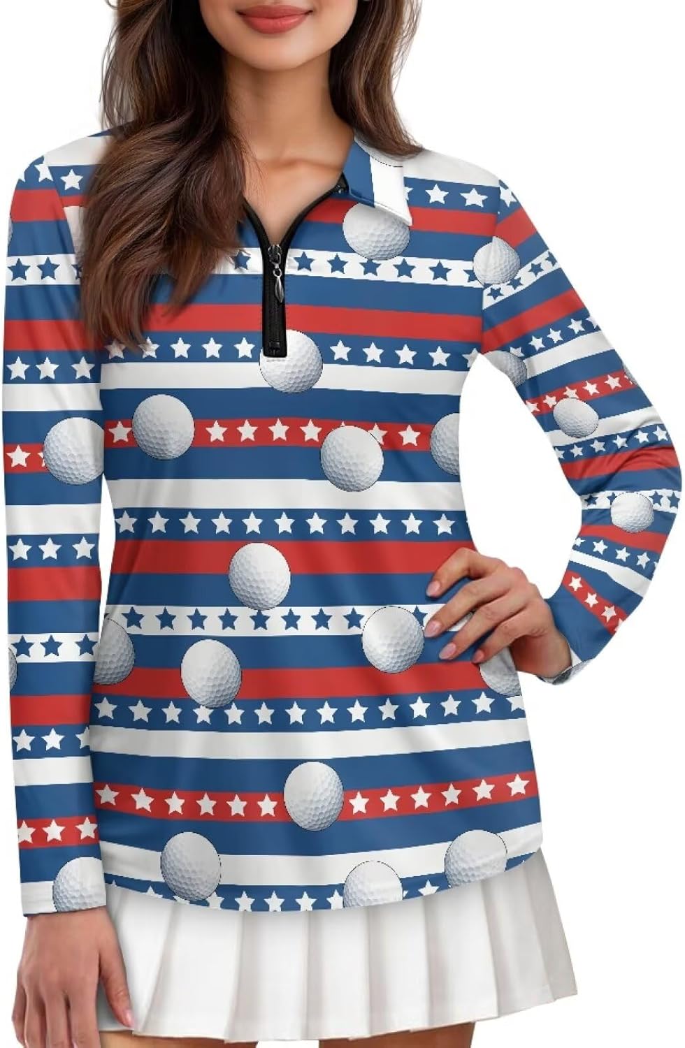 Boatee Patriotic Star Women Sport Cloth Golf Tennis Shirts Long Sleeve Sport Shirts Soft and Comfortable Lightweight with Collar Shirt Fit Plain for Golf,Tennis,Running,Gym