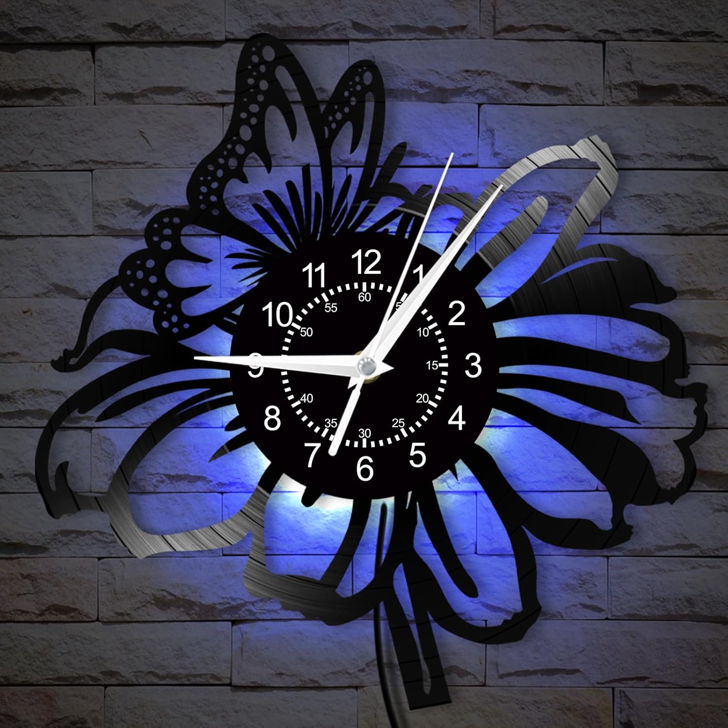 Flowers with a Butterfly Wall Clock, 7 Colors Luminous 12 Inch Night Light Wall Lamp Clock, Silent Quartz Non Ticking Modern Decorative Vinyl Record Wall Clock for Girls Room Garden Park Gift