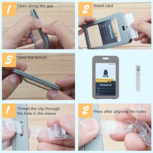Miniatura 4 de BOKOVNGEE Soporte para tarjeta de identificación con clip de plástico, ventanas transparentes doble cara, soporte vertical de plástico rígido gris